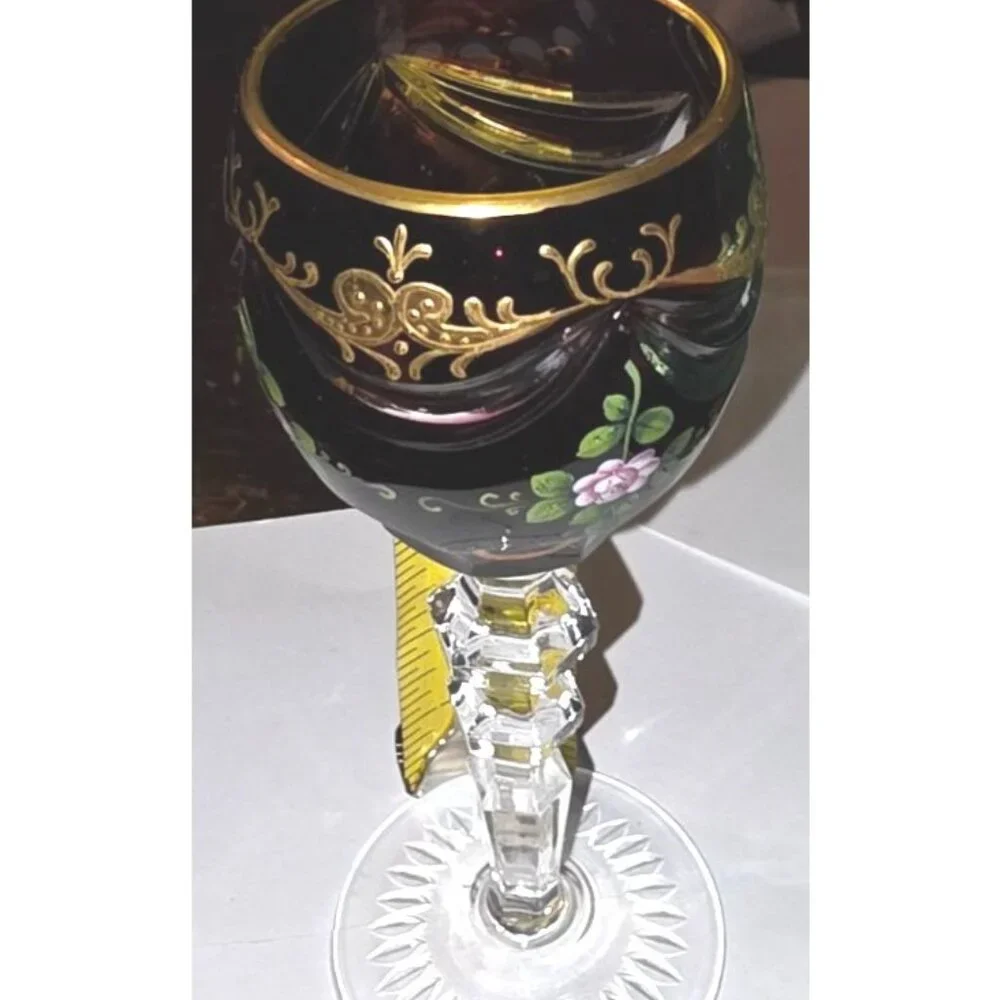 Bohemian Cut To Clear Crystal Hand Painted Goblet With Gold Trim & Floral Detail